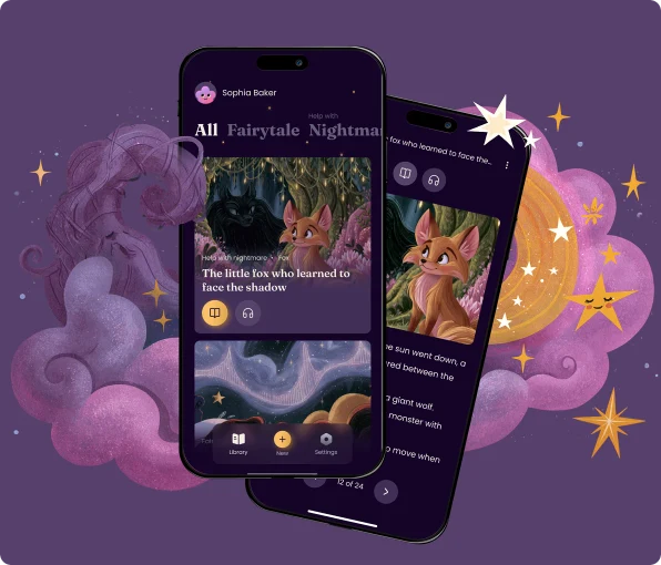Two phones showing the Cloudberry app: a story library and an illustrated fairytale about a little fox