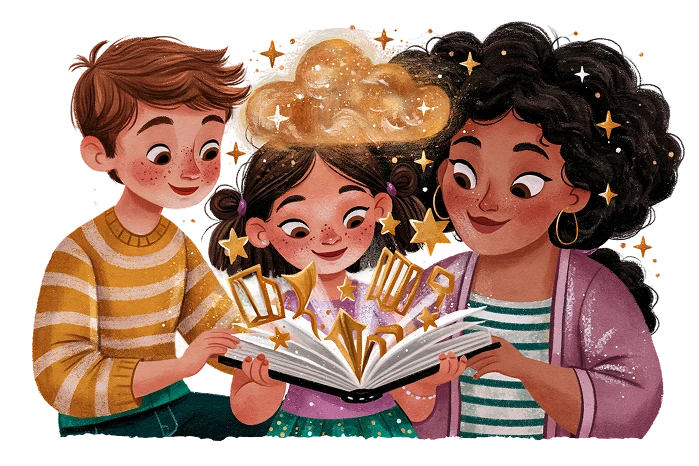 Two children and a parent reading a glowing storybook together