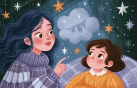 A parent and child talking about a dream under a starry sky