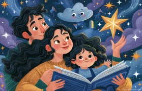 A family reading a storybook together beneath a smiling cloud