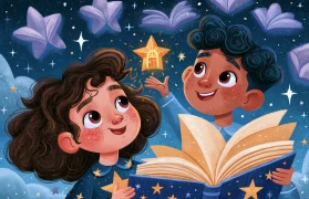 Two children choosing a glowing star from an open book
