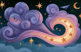 A swirling night cloud carrying a trail of golden stars
